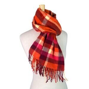Cashmere Scarf Fringed Plaid Orange Red Made England Fall Winter Cozy Soft